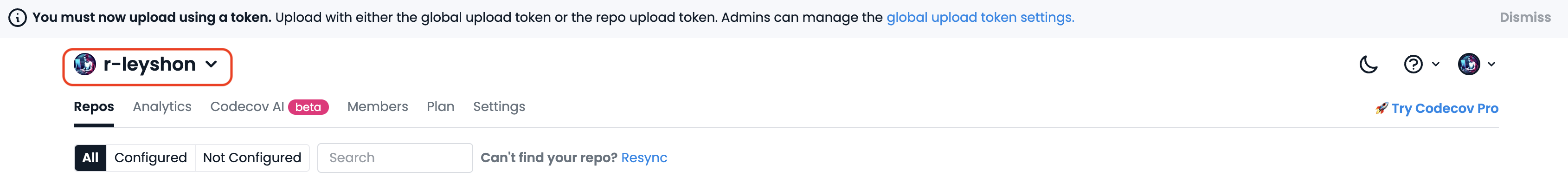 CodeCov UI Repo Owner drop down. Click to expand.