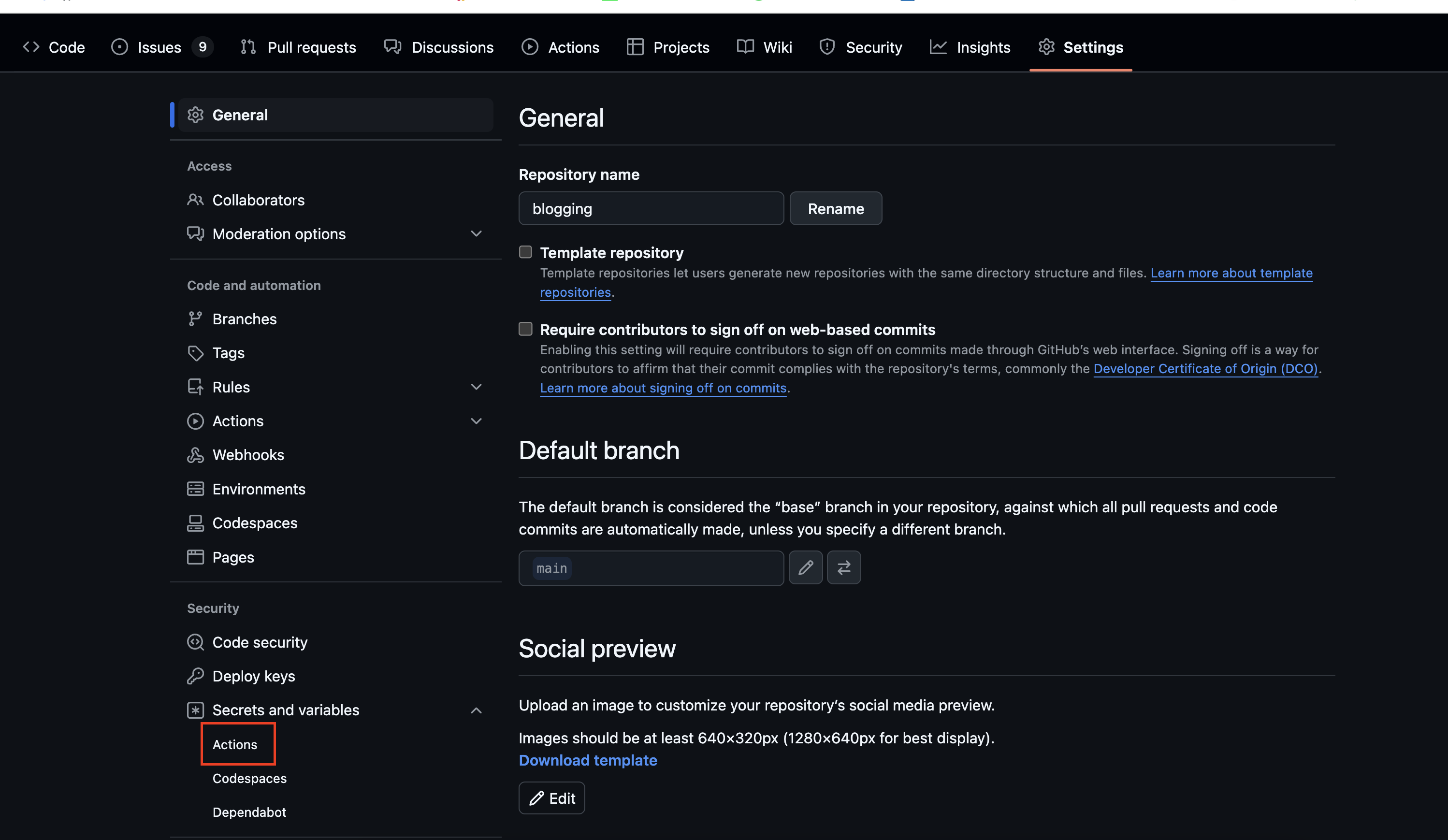 GitHub UI location of Actions Secrets & Variables. Click to expand.